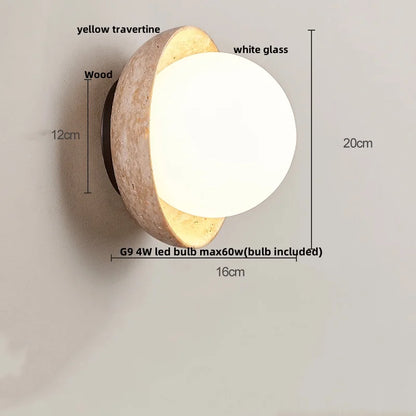 DecorBites™ LED Wall Light: Nordic Modern Design with White Glass & Yellow Travertine Wood