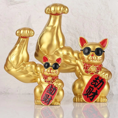 DecorBites™ Large Muscle Arm Fortune Cat Resin Sculpture Home Decor Statue