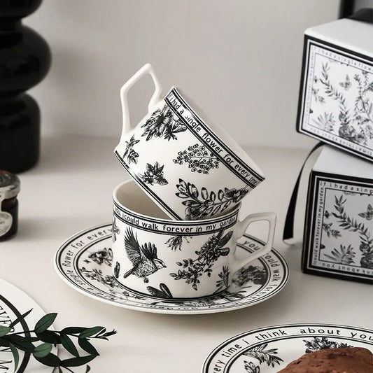 DecorBites™ Black Bird Ceramic Coffee Cup and Saucer Set for English Afternoon Tea and Coffee