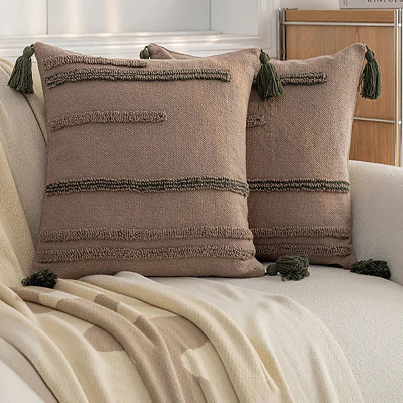 DecorBites™ Green Coffee Geometric Tuft Tassel Cushion Cover - Modern Minimalist Embroidered Pillowcase