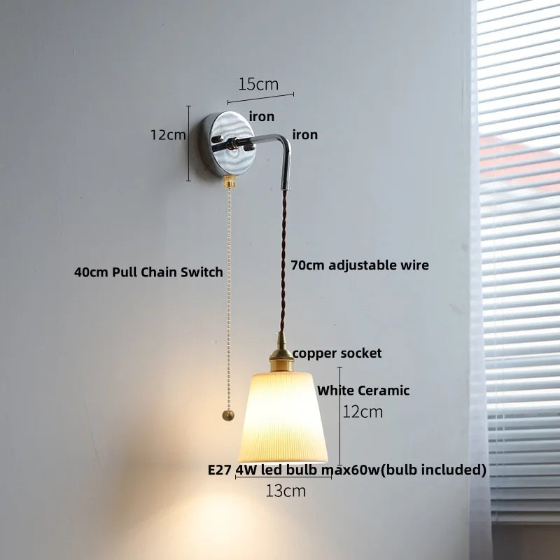 DecorBites™ Ceramic LED Wall Sconce Pull Chain Switch Bedside Lamp White Nordic Modern Fixtures