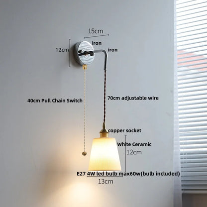 DecorBites™ Ceramic LED Wall Sconce Pull Chain Switch Bedside Lamp White Nordic Modern Fixtures