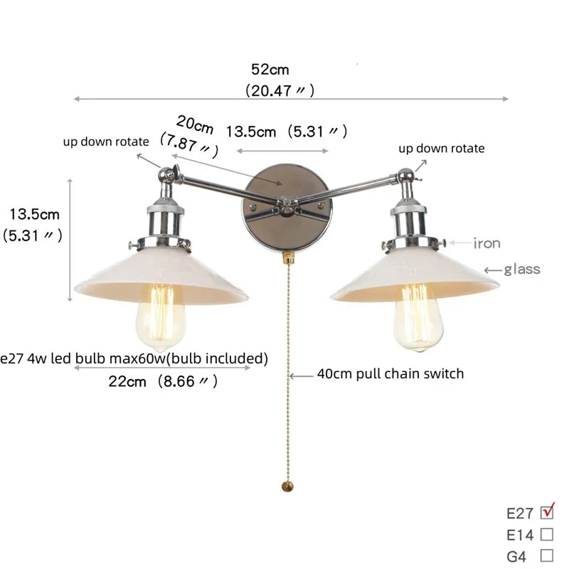 DecorBites™ Industrial LED Wall Light Fixture with Pull Chain Switch, 2 Heads Bedside Lamp
