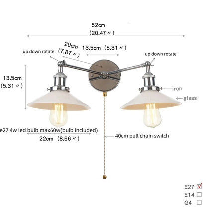 DecorBites™ Industrial LED Wall Light Fixture with Pull Chain Switch, 2 Heads Bedside Lamp