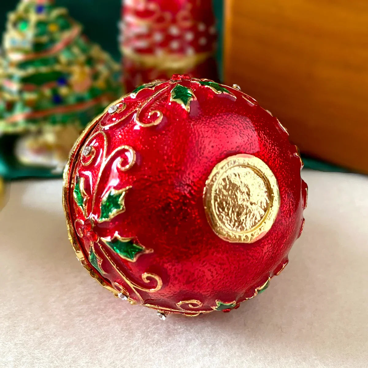 DecorBites™ Jingle Bell Trinket Box With Crystals, Hand-painted, Christmas Tree Decor