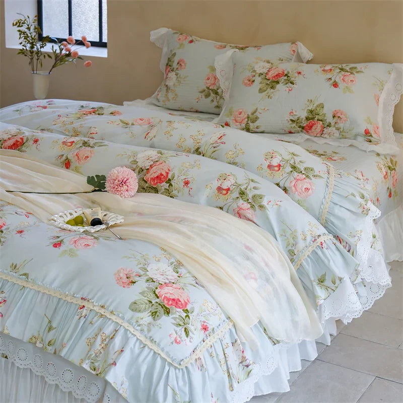 Decobites Pure Cotton Floral Quilted Bedding Set with Lace Ruffles