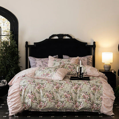 Decobites Vintage Rose Print Ruffles Bedding Set: 800TC Egyptian Cotton, Duvet Cover, Sheet, Pillowcases