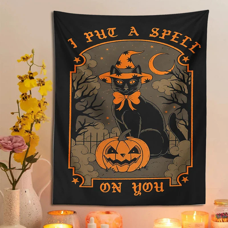 Decorbites™ Tapiz de gato de Halloween colgante de pared para decoración hogareña dulce y espeluznante