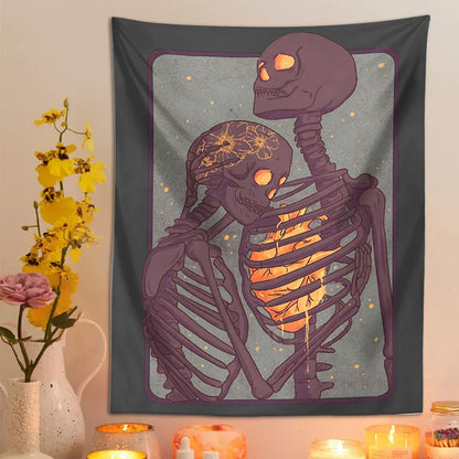 Decobites Skull Lover Heart Couple Psychedelic Tapestry Wall Hanging Bouquet Blanket