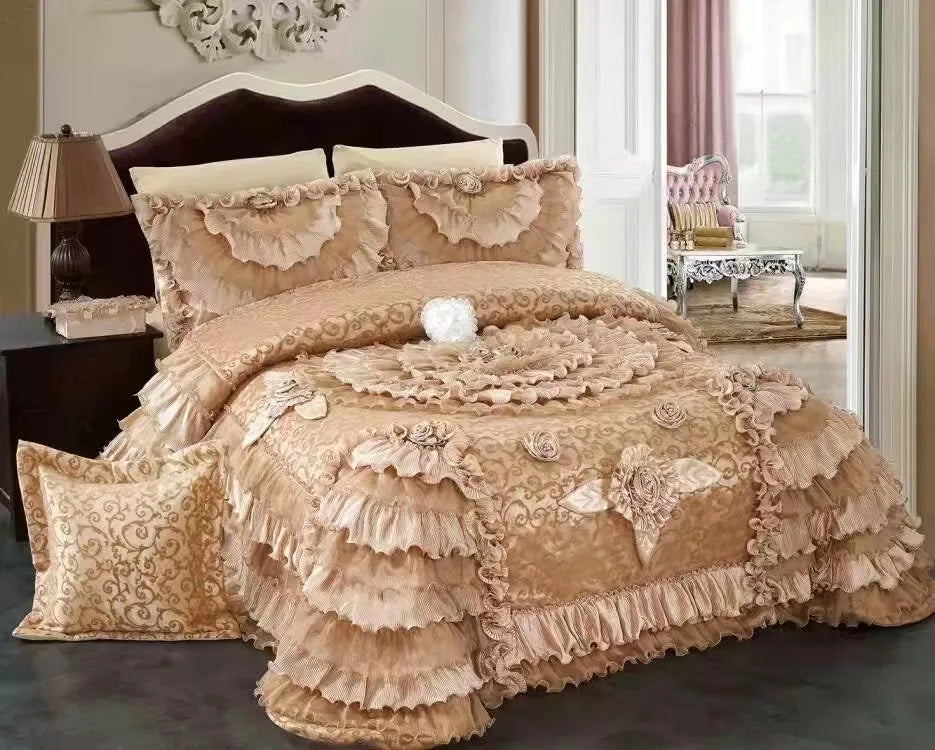 Decobites Luxe Champagne Jacquard Lace Bedspread Set with Pillowcases