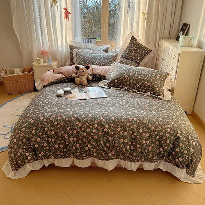 Decobites Floral Lace Ruffles Bedding Set 3/4Pcs Single Queen Size Duvet Cover