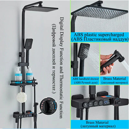 DecorBites™ Digital Display Thermostatic Shower Faucet Set with Rain Shower Column, Black