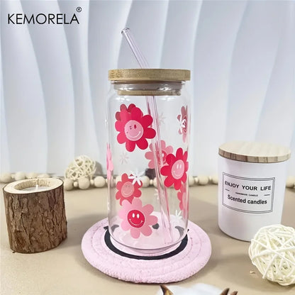 DecorBites™ 470ML Pink Smiling Flower Theme Beverage Glass - Set of 1/2/4