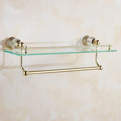 DecorBites™ Brass and Crystal Bathroom Accessories Set: Shelf, Robe Hook, Paper Holder, Brush Holder