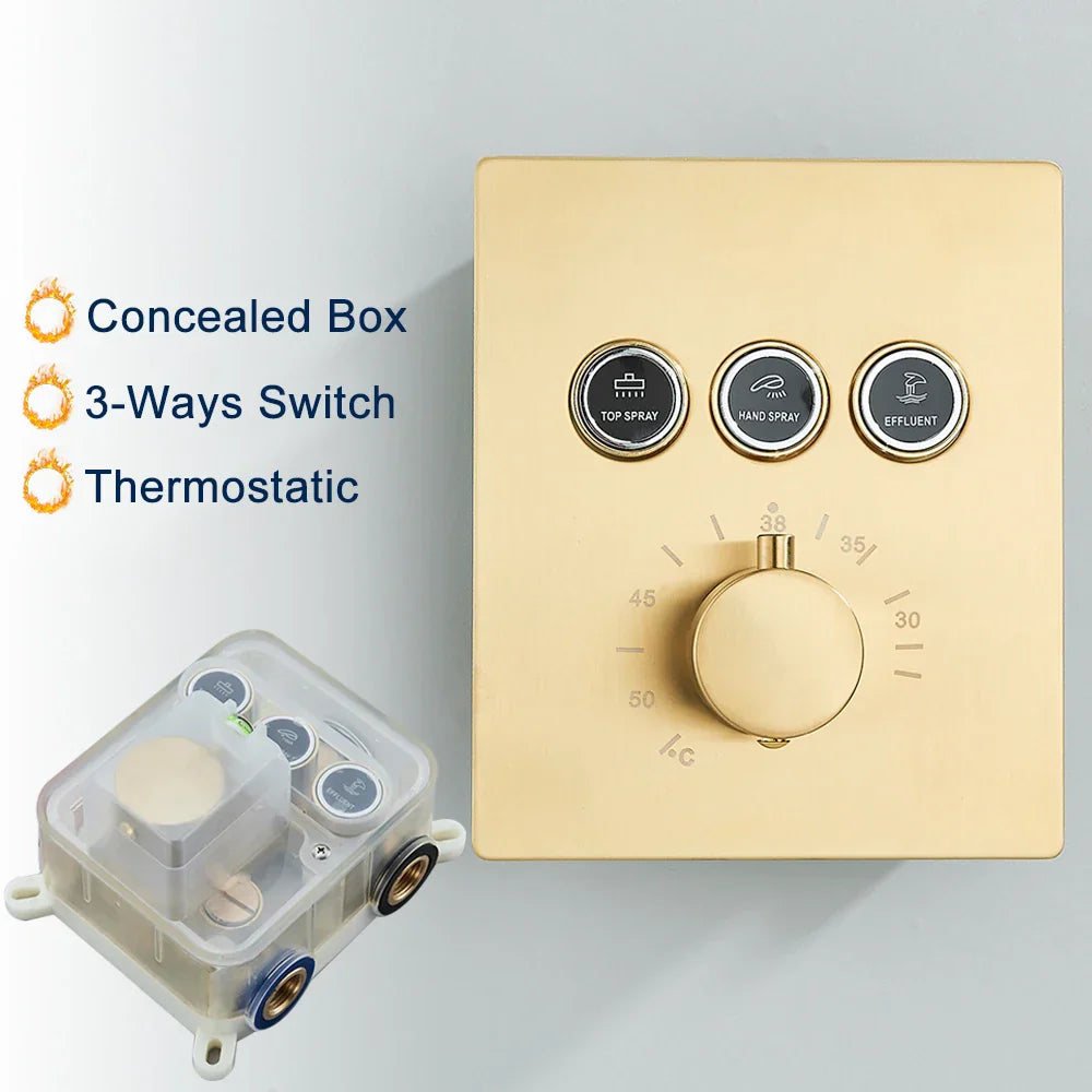 DecorBites™ Brushed Gold LED Rainfall Shower Set with Thermostatic Faucet