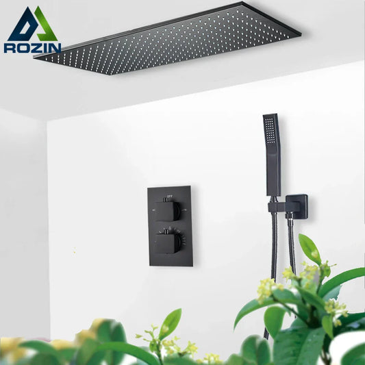 DecorBites™ Black Brass Thermostatic Shower Faucet with Ceiling Rainfall Shower Head