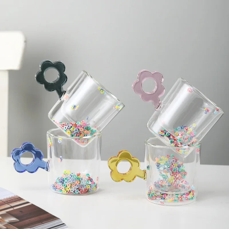 DecorBites™ 250ml Double Wall Glass Mug with Glitter Flowers and Flower Handle