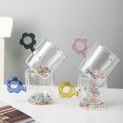 DecorBites™ 250ml Double Wall Glass Mug with Glitter Flowers and Flower Handle