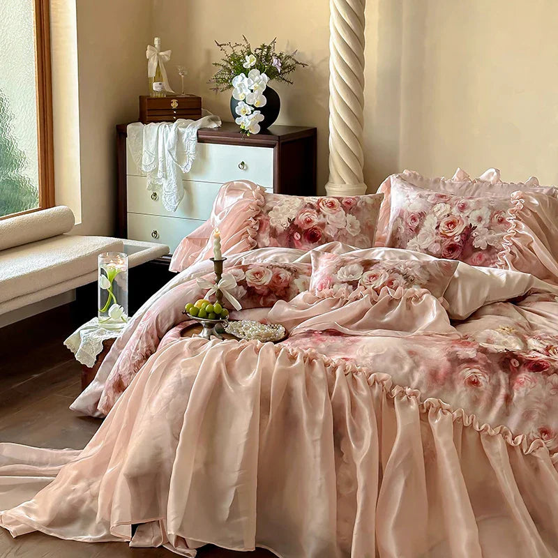 Decobites Romantic Rose Organza Lace Ruffles Bedding Set with Soft Silky Feel