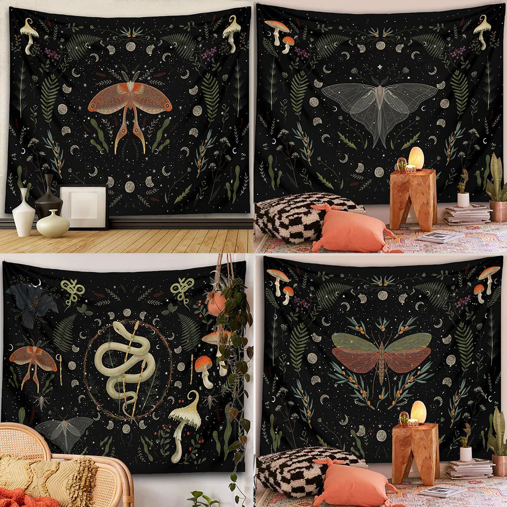 DecorBites™ Botanical Witchy Tapestry: Hanging Boho Room Decor with Mushrooms and Snakes