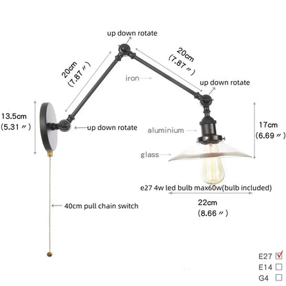 DecorBites™ Industrial Loft Swing Arm Wall Sconce Clear Glass Pull Chain Switch Bedside Lamp