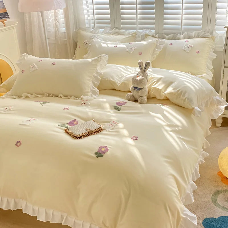 DecorBites™ Cartoon Embroidery 100% Cotton Bedding Set King Queen Bedclothes