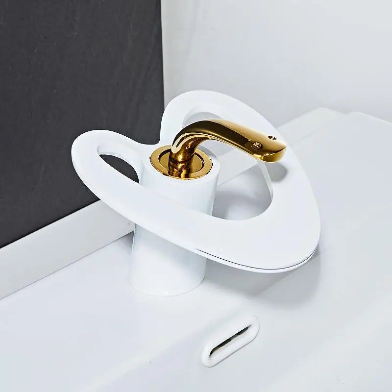 DecorBites™ Golden/White & Black Waterfall Basin Faucet - Brass Sink Mixer Tap - Hot & Cold