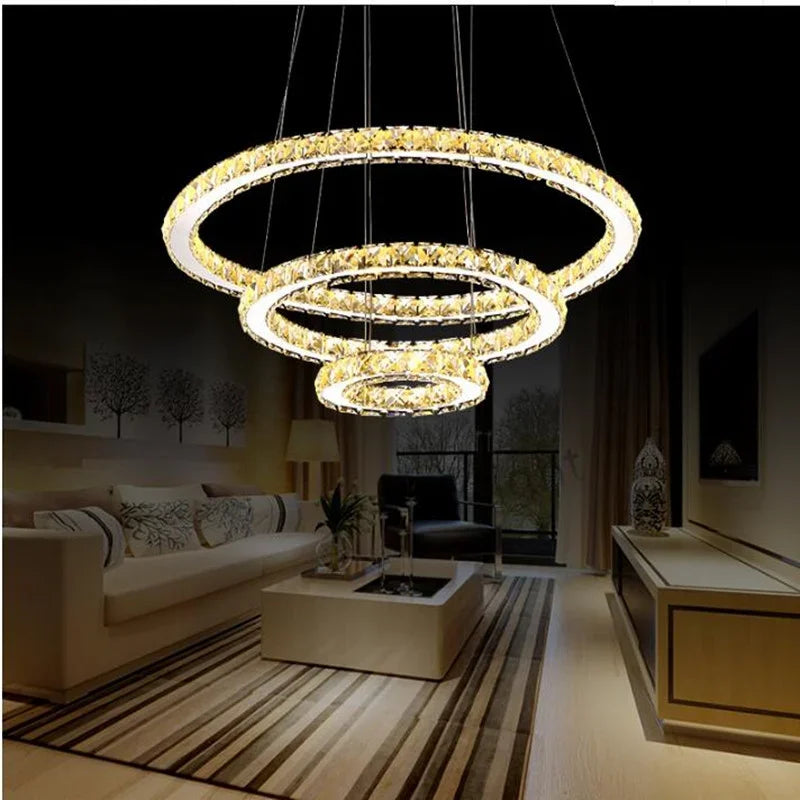 DecorBites™ Crystal LED Chandelier: Modern Chrome Lustre Ring Lighting Fixture for Living Room