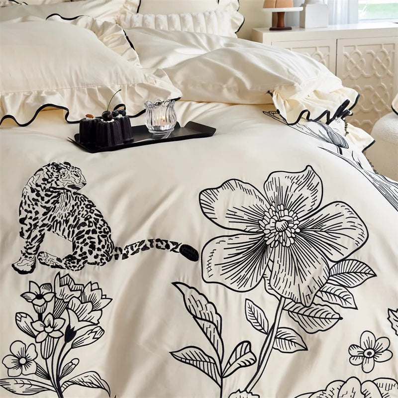 Decobites Vintage Flowers Leopard Print Ruffles Bedding Set in 100S Egyptian Cotton