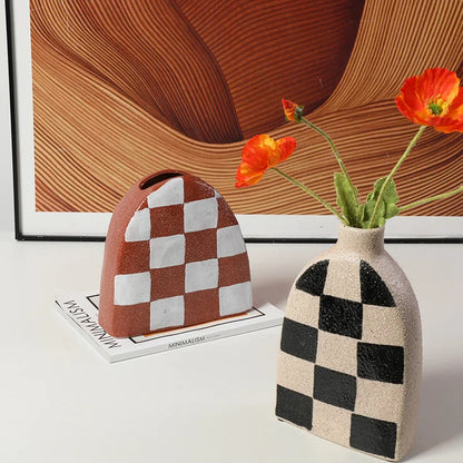 DecorBites™ Geometric Check Ceramic Vase for Stylish Flower Arrangements