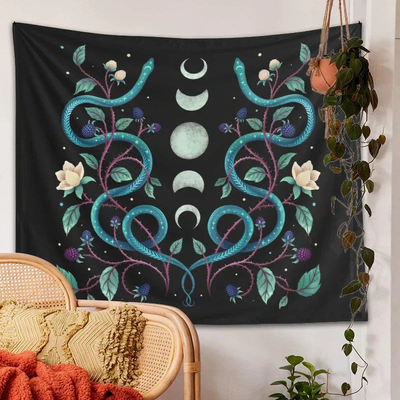 Decobites Serpent Moon Phase Tapestry: Aesthetic Psychedelic Wall Hanging for Home Decor