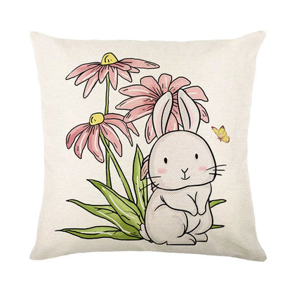 DecorBites™ Easter Bunny Rabbit Linen Cushion Cover 45x45cm - Flower Print Festival Pillowcase