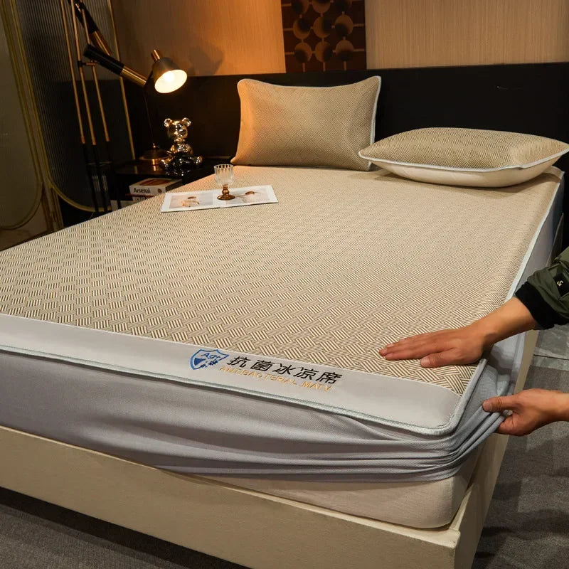 DecorBites™ Antibacterial Ice Silky Soft Fitted Sheet Set, Striped Geometric Pattern, Breathable Mattress Cover