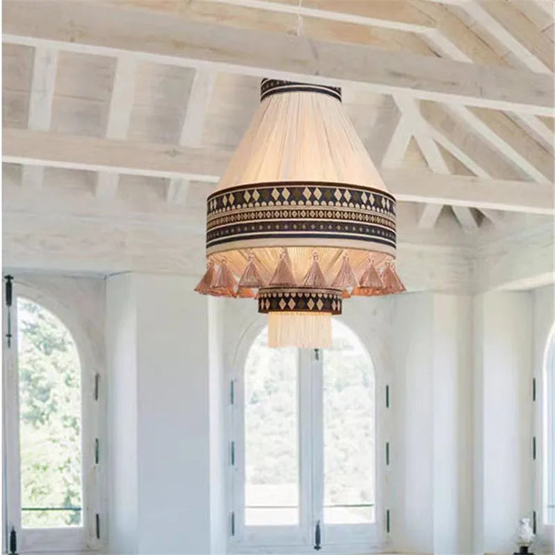 DecorBites™ Bohemian Fringe Pendant Lamp: Retro Tassels Hanging Light in Hand-Woven Hemp Rope Fabric