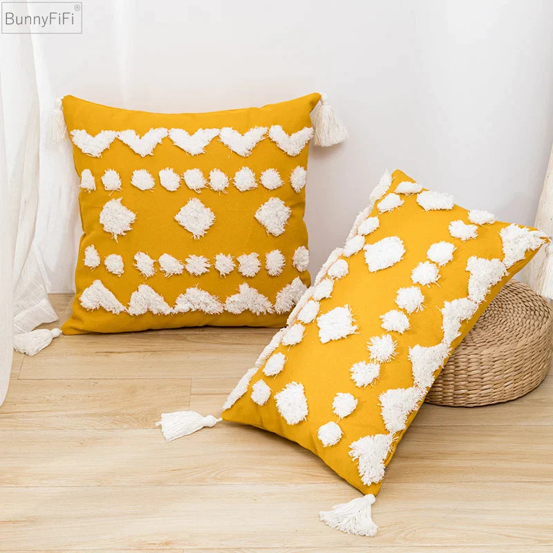 DecorBites™ Boho Style Tufted Tassels Yellow Cushion Cover for Home Decor