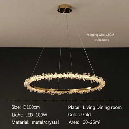 DecorBites™ Golden Round Crystal Chandelier | Nordic Luxury LED Halo Chandelier for Living Room