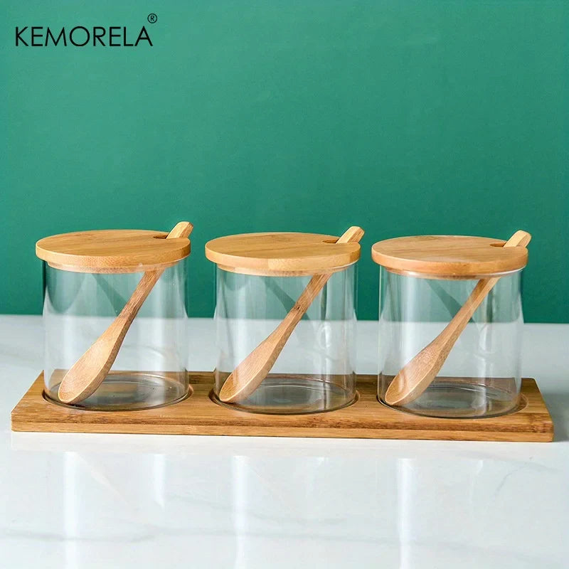 DecorBites™ Glass Spice Jar Set with Bamboo Lid - 2/3PCS Round Mouth Seasoning Organizer