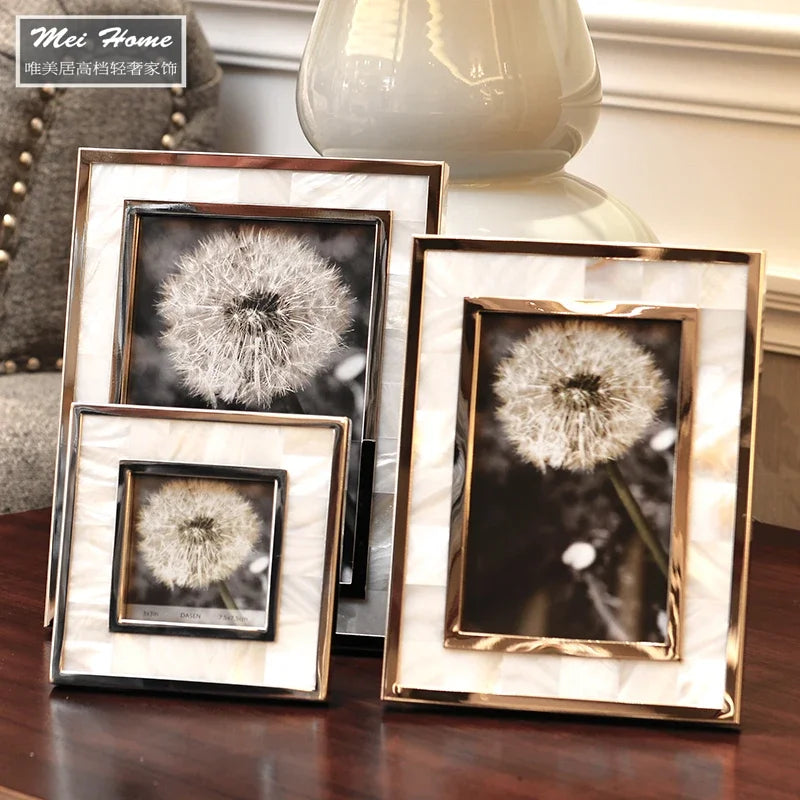 DecorBites™ Golden Alloy Shell Photo Frame - Family Portrait Nightstand Desk Decoration