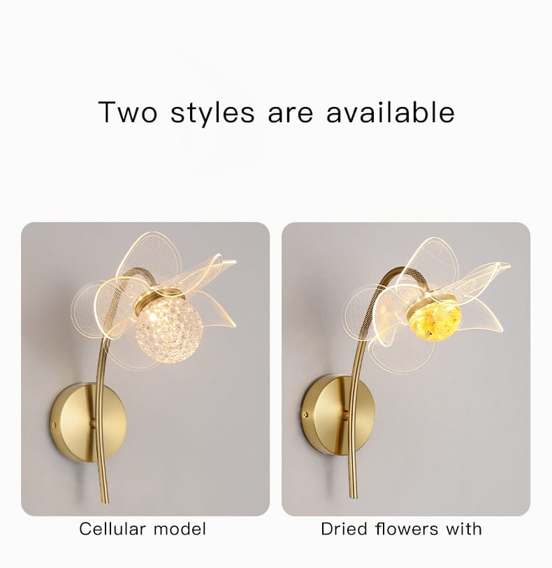 creative floral decorative gold led wall lamp featuring a gold-toned wall sconce with a delicate translucent fabric flower design and a crystal or dried yellow floral center, ideal for bedroom use.
