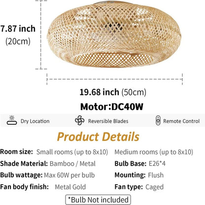 DecorBites™ Bamboo Ceiling Fan with Rattan Cage Light & Remote Control