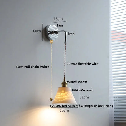DecorBites™ Ceramic LED Wall Sconce Pull Chain Switch Bedside Lamp White Nordic Modern Fixtures