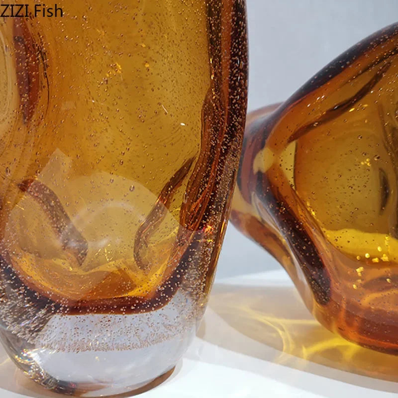 DecorBites™ Amber Glass Vase & Artificial Flower Desk Decoration for Room Aesthetic