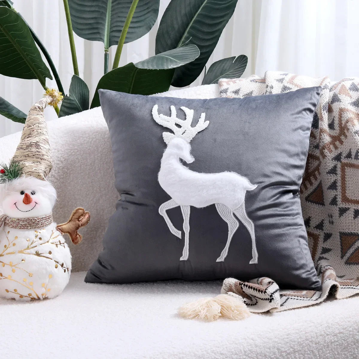 DecorBites™ Christmas Elk Embroidered Pillow Cover 45x45cm Festive Decorative Cushion