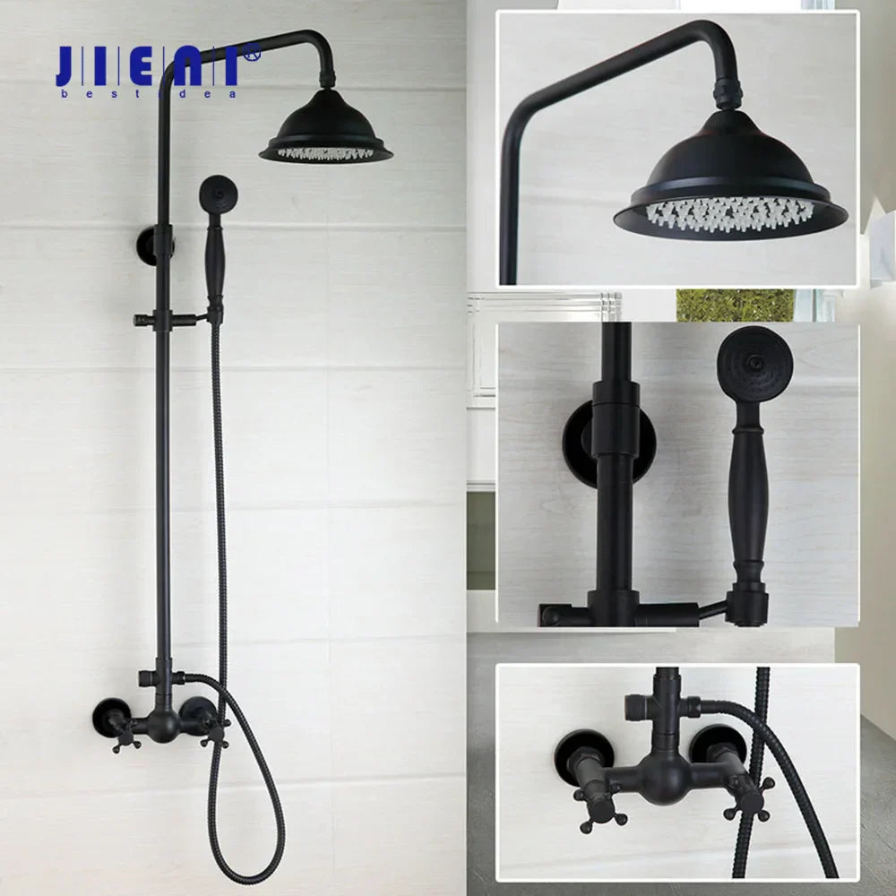 DecorBites™ 8 Inch Matte Black Shower Faucet Set with Hand Spray and Rainfall Head
