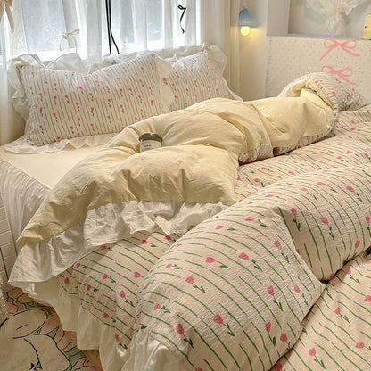 Juego de funda nórdica DecorBites™ de algodón lavado francés con estampado floral de princesa - Ropa de cama floral de primavera