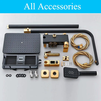 DecorBites™ Digital Display Thermostatic Shower Faucet Set, Rain Shower Column, Wall Mount - Black/Chrome