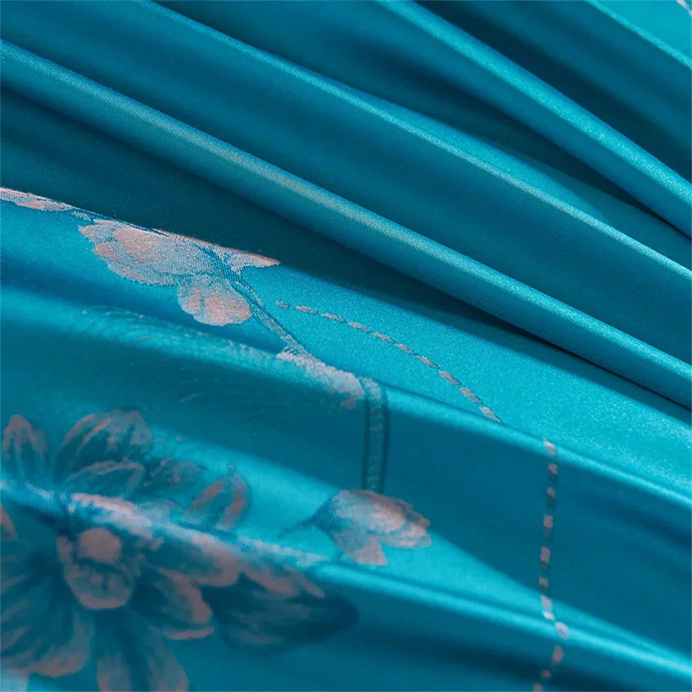 DecorBites™ Blue Satin Jacquard Embroidery Bedding Set: King/Queen Size Bed Lines, Duvet Cover, Pillowcase