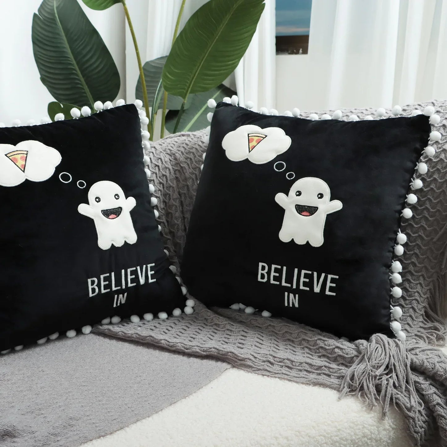 DecorBites™ Halloween Ghost Patchwork Pillow Cover - Decorative Embroidered Cushion Cover