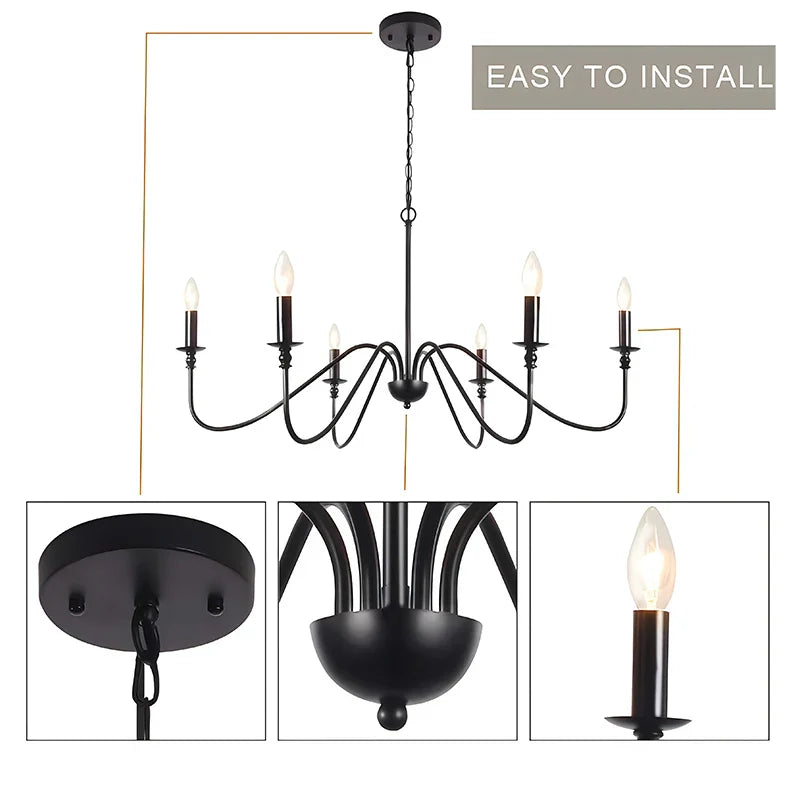 DecorBites™ Black 6-Light Chandelier, Wrought Iron Farmhouse Pendant Light, Classic Candle Fixture
