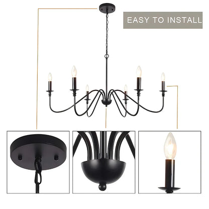 DecorBites™ Black 6-Light Chandelier, Wrought Iron Farmhouse Pendant Light, Classic Candle Fixture